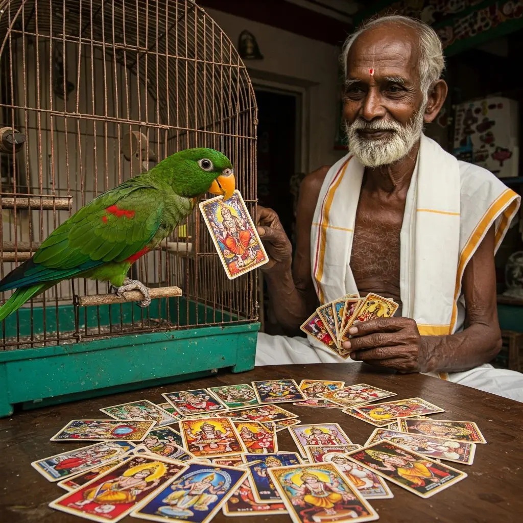 A parrot astrologer with his trained parrot selecting an astrology card for a customer.