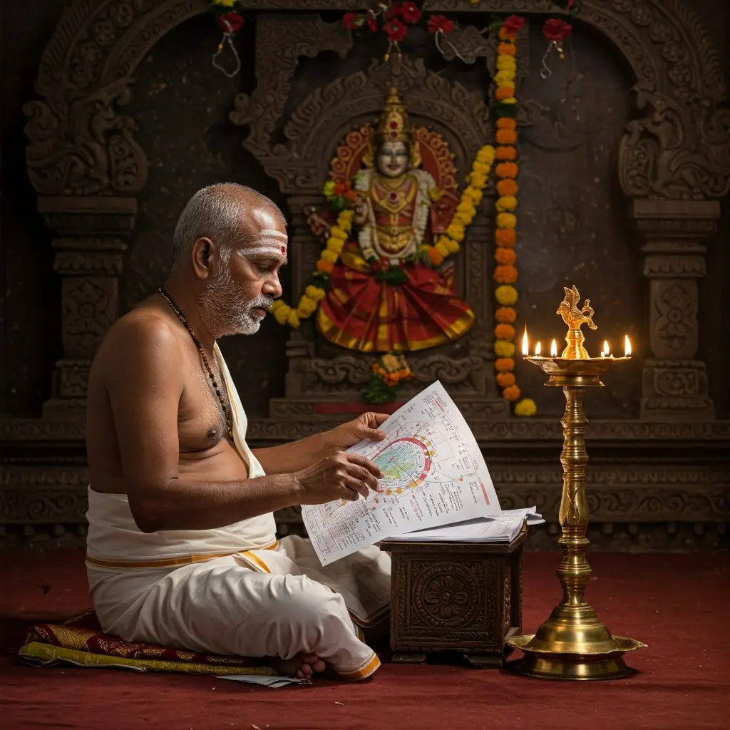 An astrologer reading a Jathagam birth chart with divisional charts and planetary positions.